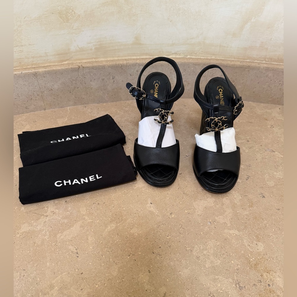 Chanel Interlocking CC Logo Leather T-Strap Sandals